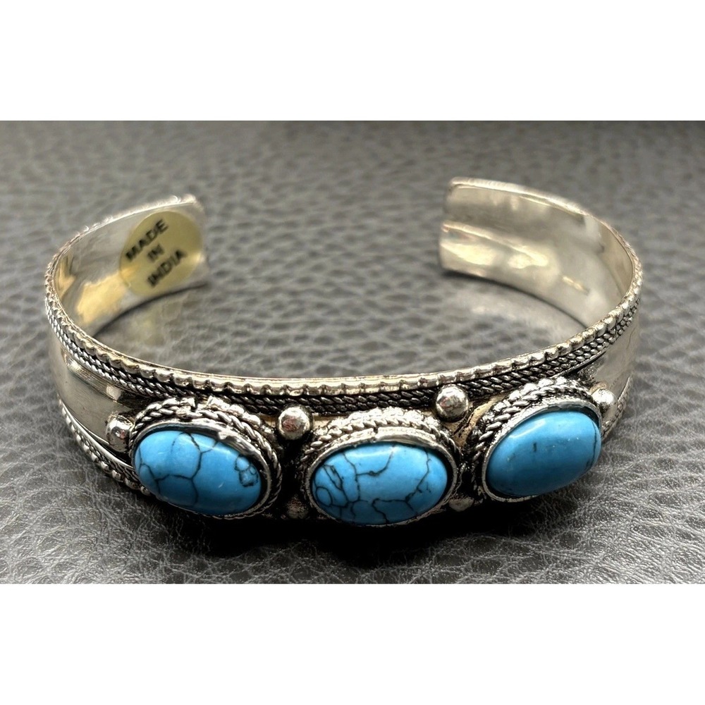 Vintage Faux Turquoise Cabochon Cuff Bracelet Made in India Boho Silver Tone